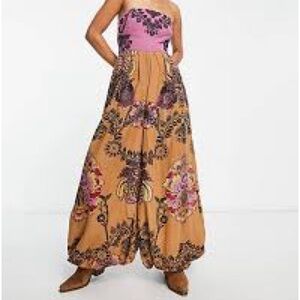 free people bow back paisley print bandeau jumpsuit in gold and pink